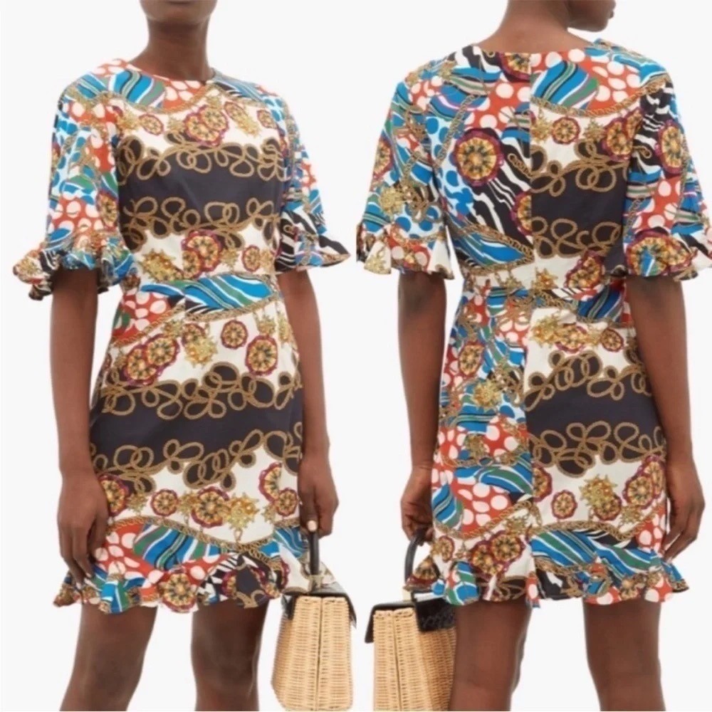 RHODE Hailey Resort Mini Dress Chain Print Boho Luxe Cotton Voile Ruffled 4